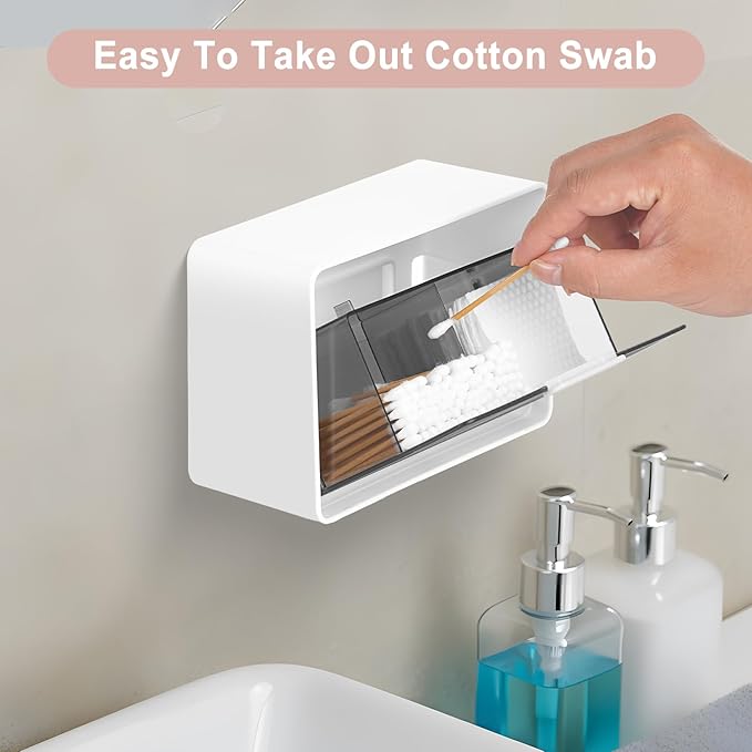 Qtip Holder, Wall Mount Qtip Holder Organizer for Bathroom Cotton Swabs, Balls, Cosmetic Cotton Pads, Dental Floss Storage - WhiteGrey