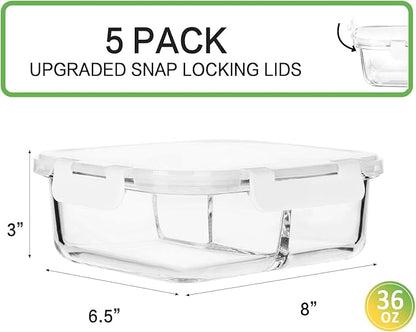 M MCIRCO [5-Pack,36 oz] Glass Meal Prep Containers 3 Compartment with Lids, Glass Lunch Containers,Food Prep Lunch Box,Bento Box, Microwave, Oven, Freezer, Dishwasher (4.5 Cups, White)