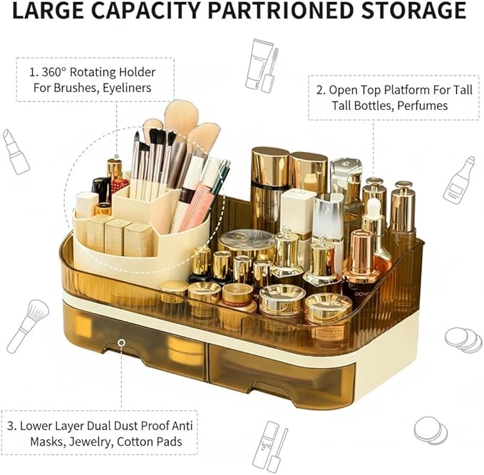 Makeup Organizer with Dual Drawers - Large Capacity Countertop Cosmetic Storage for Skincare Vanity Bathroom
