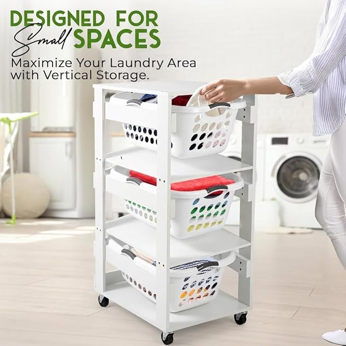 Laundry Basket Holder Shelf – Stackable Engineered Wood Laundry Tower, Tiered Hamper Organizer for Bathroom, Bedroom, Closet (White, 3 Tier)