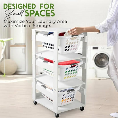 Laundry Basket Holder Shelf – Stackable Engineered Wood Laundry Tower, Tiered Hamper Organizer for Bathroom, Bedroom, Closet (White, 3 Tier)