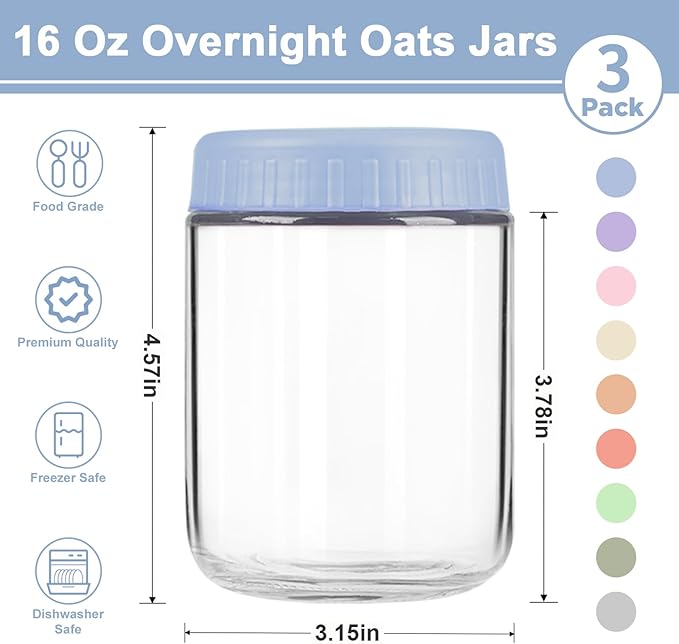 Overnight Oats Containers with Lids, 16oz Wide Mouth Mason Jars with Lids, 3 Pack Glass Jars with Airtight lid for Chia Pudding Yogurt Salad, Meal Prer Oatmeal Jars, Blue