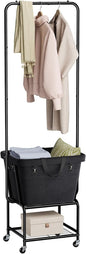 ELYKEN Laundry Cart with Hanging Rack, Rolling Laundry Hamper with Wheels, Laundry Basket with Removable Liner Bag and Shelf, Sturdy Metal Frame Dirty Clothes Basket for Hotel, Home, Closet, Dorm