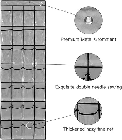 28 Large 1 Pack Transparent Pockets Over The Door Shoe Organizer Sturdy Hanging Shoe Rack for Door Closet Sneakers or Accessories, 4 hooks（Grey&Black）