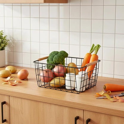 Metal Black Wire Basket,Food Storage Organizer with Wooden Handles, pantry organizers and storage for Kitchen shelf Cabinets potato onion, 2 Packs