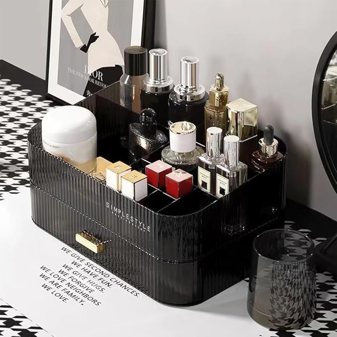 Makeup Organizer with Stackable Drawers, Bathroom Vanity Organizers and Storage, Ideal for Desk and Dresser Countertops, Great for Cosmetics, skincare, Lipsticks, Nail Care -Black