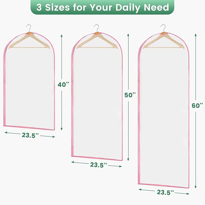 Carbrea 6 Pack Garment Bags for Hanging Clothes - Translucent Suit Bag for Closet Storage, Clothes Cover for Hanging Shirts, Dresses, Travel, Moving - Pink