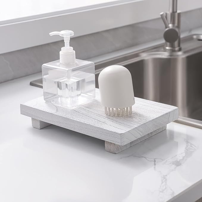 zoocatia Small Wood Tray Pedestal Stand Farmhouse Bathroom Decor Decorative Wooden Riser Kitchen Soap Dish Holder for Vanity, Counter, Sink, 9" x 5.9" - White