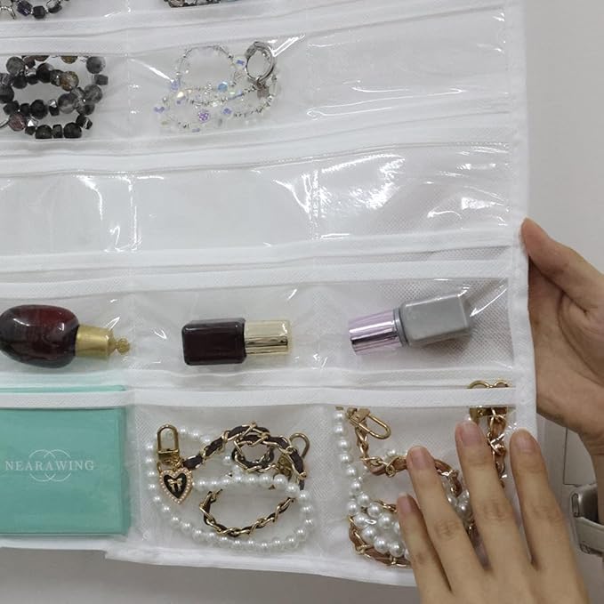 Hanging Jewelry Organizer Pockets Canvas Double Sided Rotating Hanger Necklace Hanging Wall Organizer Jewelry Roll for Earrings, Necklaces,Sunglasses,rings (80-Pocket WHITE)