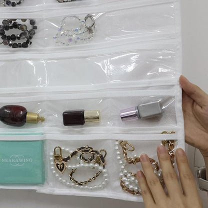 Hanging Jewelry Organizer Pockets Canvas Double Sided Rotating Hanger Necklace Hanging Wall Organizer Jewelry Roll for Earrings, Necklaces,Sunglasses,rings (80-Pocket WHITE)