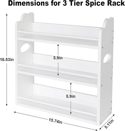 3 Tier Bamboo Spice Rack, Spice Rack Organizer, Seasoning Jars Rack Shelf Spice Organizer for Kitchen Counter or Wall Mounting, Spice Storage Holder with handles, Jars Not Included, White