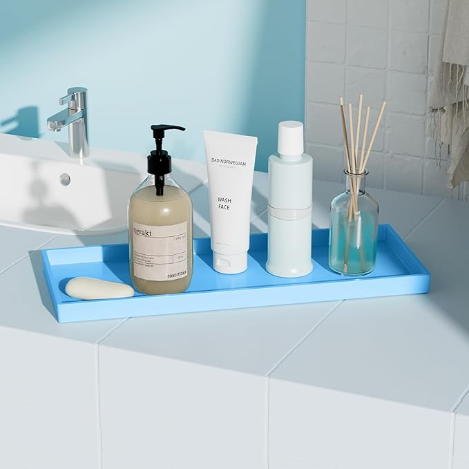 Vanity and Bathroom Tray, 15" ABS Countertop Organizer,Waterproof Vanity Tray for Toilet Tank,Perfume,Soap,Keys,Bathroom Accessories,Kitchen and Bath Trays,Non Slip Small Trays,Blue