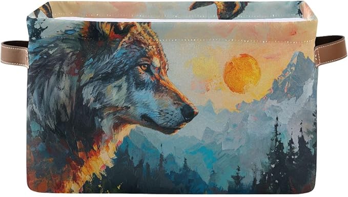 Storage Basket Wolf in The Sunrise Pattern Durable Canvas Collapsible Toy Box Organizer Bin with Handles for Shelf Closet Bedroom Home Office