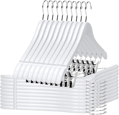 Quality Wooden Skirt Hangers with Clips, 20-Pack Semi Curved, Smooth Solid Wood Pants Hangers with Durable Adjustable Metal Clips, Swivel Hook, Coat, Jacket, Blouse Suit Hangers (White, 20)