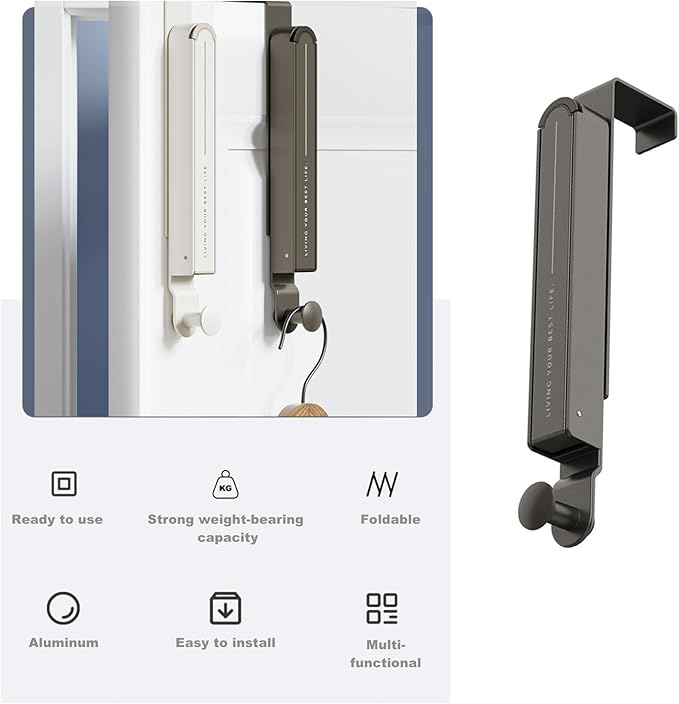 Over The Door Hooks Hanger with Retractable Rod,Foldable Wall Mounted Drying Rack Clothing,with Towel Racks for Coat Clothes Laundry Bathroom Bedroom Travel Hangers (1pcs Hooks+2pcs Foldable hanger)