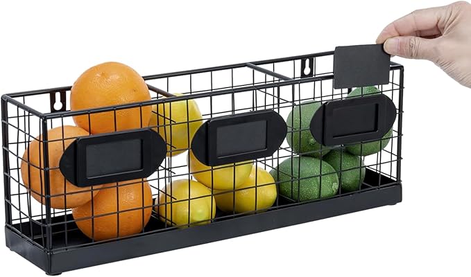 MyGift Wall Mountable Black Metal Utensil Holder Organizer, 15.7" Countertop Kitchen Silverware Flatware Caddy Holder Storage Basket with 3 Compartments and Chalkboard Labels