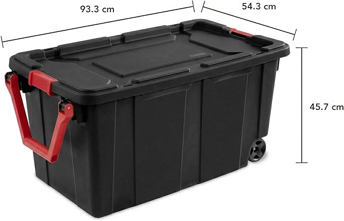 Extra Large 40 Gallon Wheeled Industrial Storage Bins, Heavy Duty Plastic Stackable Totes with Latch Lids and Pull Handle for Garage, Basement, and Moving, Black Box and Red Handle, 2 Pack