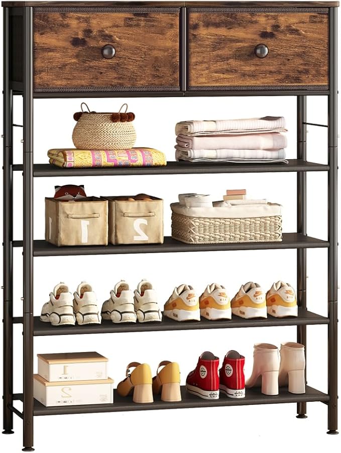 INGIORDAR Shoe Rack Organizer 5 Tier Metal Organizer Shelf with Industrial MDF Board and Layer Fabric for Entryway Closet Bedroom Living Room Garage (Black+Rustic Brown, 5 Tier with 2 Drawers)
