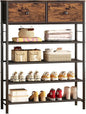 INGIORDAR Shoe Rack Organizer 5 Tier Metal Organizer Shelf with Industrial MDF Board and Layer Fabric for Entryway Closet Bedroom Living Room Garage (Black+Rustic Brown, 5 Tier with 2 Drawers)