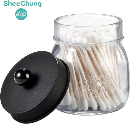 SheeChung 4 Pack Apothecary Jars with Lids, Bathroom Organizers and Storage, Qtip Holders Set, Bathroom Decor, Small Mason Jars for Q-tips, Cottons, Floss, Balls, Cotton Swabs-Black