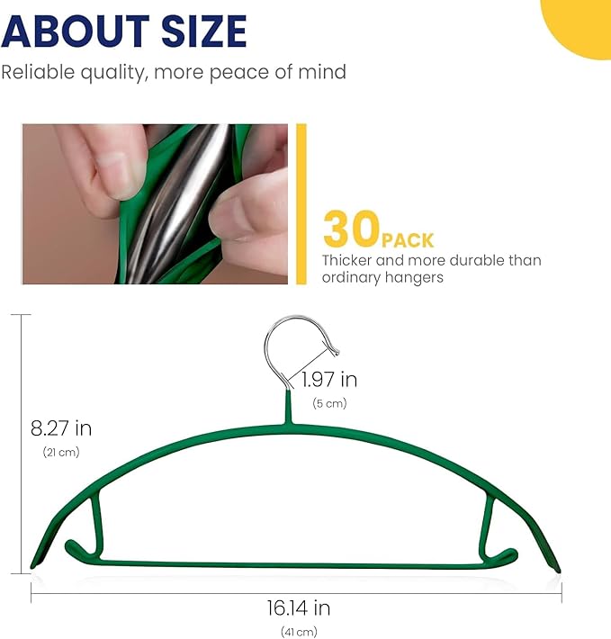 Jiang&Rong 30 Pack 16 Inch Rubber-Coated Non-Slip Metal Hangers - Heavy Duty No Bump Closet Hangers for Coats, Shirts, Suits, Sweaters (30-Pack, Green)