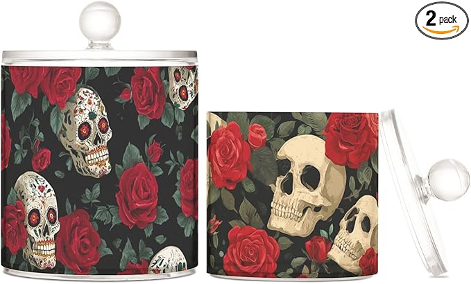 2 Pack Qtip Dispenser Apothecary Jars with Lids Cotton Round Holder Bathroom Canisters for Cotton Swab Floss Ball Pads Clear Plastic Decorative Black Mexico Skull Rose