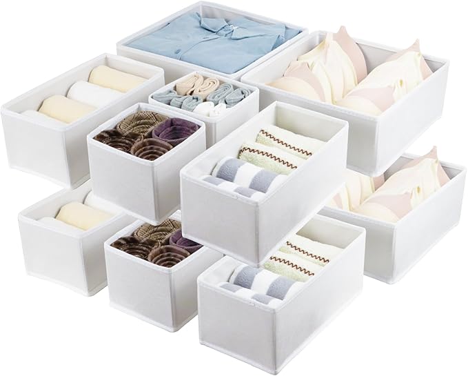 Fordonral 12 Pack Drawer Organizer Clothes, Foldable Fabric Dresser Organizer Closet Organizers and Storage Box for Underwear,Folded Clothes,Baby Clothing,Socks,Bra,Towels,Ties(12 Pack,White)