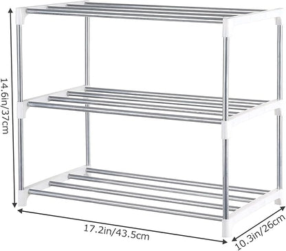Small Shoe Rack, Narrow Stackable Shoe Shelf Organizer for Entryway, Doorway and Bedroom Closet (3-Tier, White)