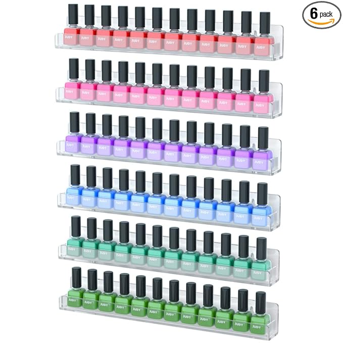 NIUBEE 6 Pack Nail Polish Rack Wall Mounted Shelf with Removable Anti-Slip End Inserts, Clear Acrylic Nail Polish Organizer Display 90 Bottles