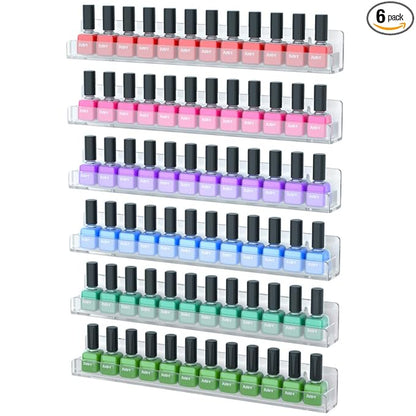 NIUBEE 6 Pack Nail Polish Rack Wall Mounted Shelf with Removable Anti-Slip End Inserts, Clear Acrylic Nail Polish Organizer Display 90 Bottles