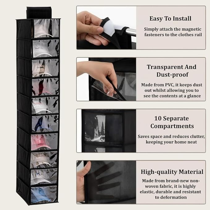 Hat Organizer, 10 Shelf Hanging Hat Organizer for Baseball Caps, Non-Woven Fabric Hats Rack with Dust Cover, Space-Saving Hat Holder Organizer for Closet, Dorm, Bedroom, Apartment