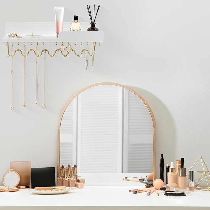 29 Hooks Wall Mount Necklace Holder Organizer, White Decorative Wood Jewelry Shelf with Gold Metal Wave Bar and Guardrail for Necklace, Pendant, Chain, Bracelet, White