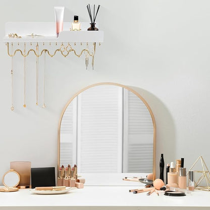 29 Hooks Wall Mount Necklace Holder Organizer, White Decorative Wood Jewelry Shelf with Gold Metal Wave Bar and Guardrail for Necklace, Pendant, Chain, Bracelet, White