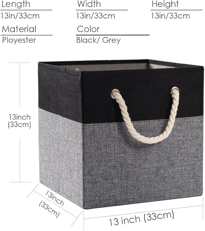 PRANDOM Large Foldable Cube Storage Bins 13x13 inch [4-Pack] Fabric Linen Storage Baskets Cubes Drawer with Cotton Handles Organizer for Shelves Nursery Closet Bedroom Black