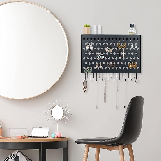 JackCubeDesign Wall Mounted Jewelry Organizer, Earring Necklace Bracelet Holder Display Hanger with 109 Holes & 19 Hooks (Black,16.5 x 2.4 x 13.2 inches) - MK329A