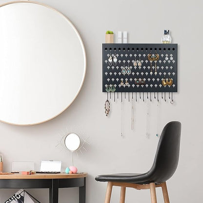 JackCubeDesign Wall Mounted Jewelry Organizer, Earring Necklace Bracelet Holder Display Hanger with 109 Holes & 19 Hooks (Black,16.5 x 2.4 x 13.2 inches) - MK329A