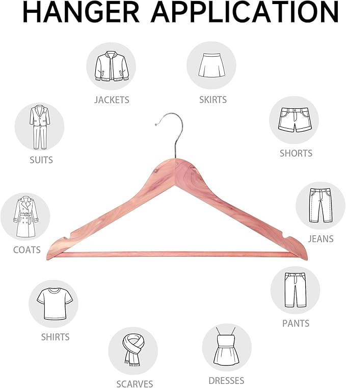 Quality Wooden Clothes Hangers, Solid Wood Suit & Coat Hangers with Pants Bars, Swivel Hook, Shoulder Notches, Heavy Duty Hangers for Shirts, Jackets, Dresses & Trousers(Cedar Wood/12-Pack)