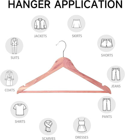 Quality Wooden Clothes Hangers, Solid Wood Suit & Coat Hangers with Pants Bars, Swivel Hook, Shoulder Notches, Heavy Duty Hangers for Shirts, Jackets, Dresses & Trousers(Cedar Wood/12-Pack)