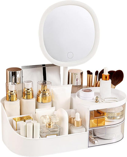 DASITON Makeup Organizer with Rechargeable Mirror,Makeup Brush Holder with 2 Drawers,Skincare and Cosmetics Organizer Countertop,Large Capacity Cosmetic Display Case for Vanity,Bedroom,Bathroom(White)