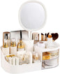 DASITON Makeup Organizer with Rechargeable Mirror,Makeup Brush Holder with 2 Drawers,Skincare and Cosmetics Organizer Countertop,Large Capacity Cosmetic Display Case for Vanity,Bedroom,Bathroom(White)