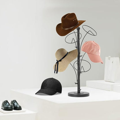 Modern Art Desktop Standing Hat Stand, 6 Hooks Short Hat Rack Stand for Retail, Cowboy Baseball Cap Metal Multiple Holder Hat Storage Rack, 21.6in Height