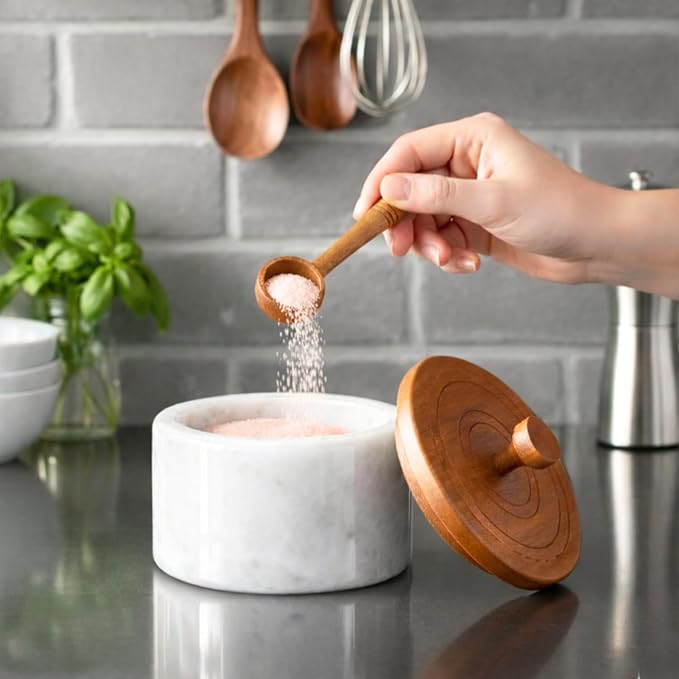 Marble salt cellar with lid and spoon, salt container with spoon, salt bowl with acacia wood lid, salt holder for countertop, salt jar - White