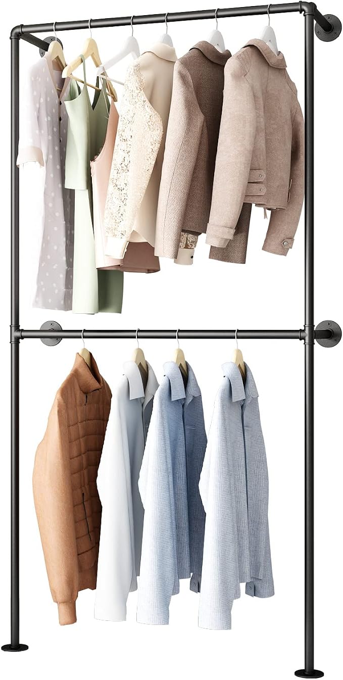 Industrial Pipe Clothing Rack Wall Mounted Garment Rack, Black Pipe Clothes Rack Retail Display Hanging Rod for Closet Storage, Laundry Room