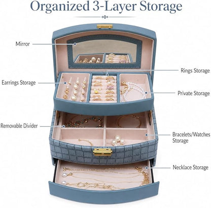 Elegant 3 Layer Lockable Jewelry Box for Women – Mirrored Jewelry Organizer with Key & Drawer, Travel Friendly PU Leather Storage Case,Gift for Wife, Mom, Daughter(Blue)