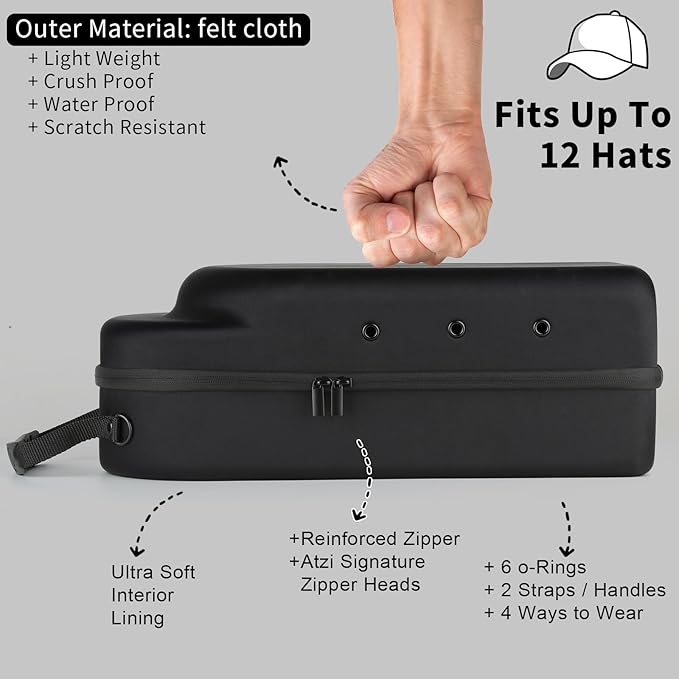 GERMUN Hard baseball hat case, Hat Carrier Travel Case with Adjustable Shoulder Strap, Hat cap case for 12 Baseball Caps - Perfect for Traveling & At-Home Storage (Black)