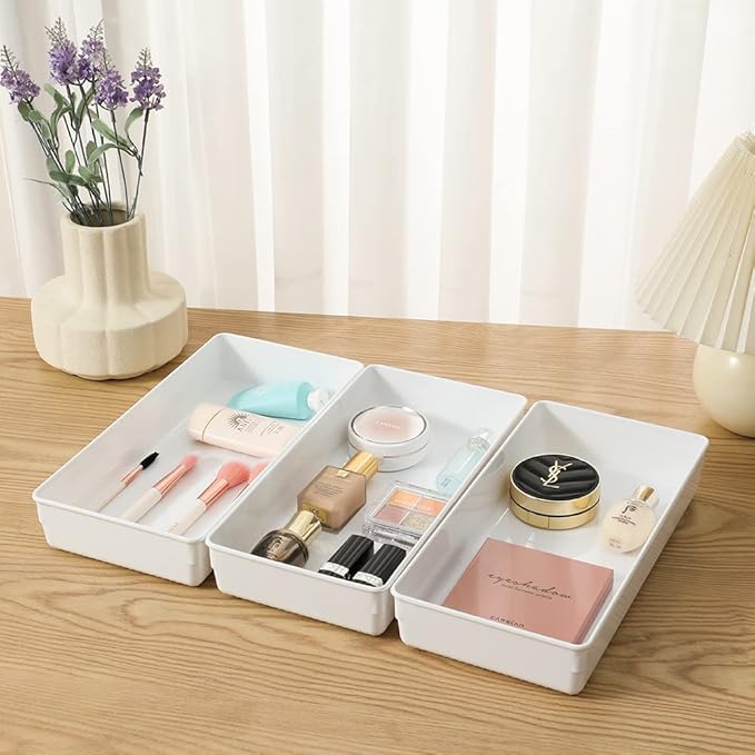 3 Pack White Plastic Drawer Organizer Tray Cutlery Utensil Makeups Drawer Organizers 12" X 6"…
