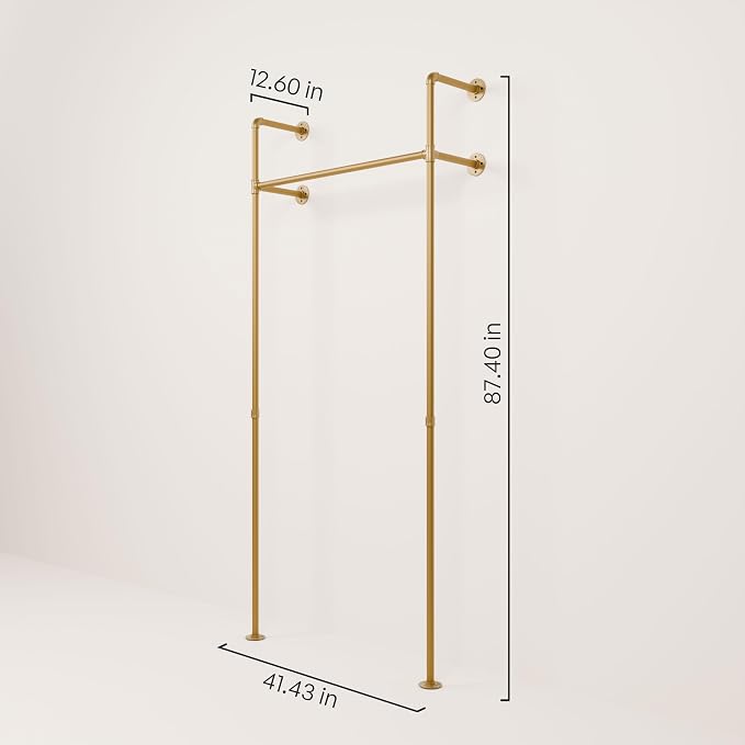 pamo Gold Clothing Rack Wall Mounted – Pipe Closet System in Gold Powder-Coated Steel – 41" W × 87" H, 309 lbs – Boutique, Walk-In Closet & Retail
