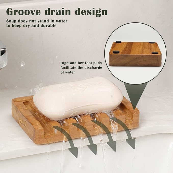 SAMEBUTECO Set of 2 Teak Wood Soap Dishes with Sloped Drain | Bar Soap Holder for Shower, Bathroom Sink, Kitchen | Natural Wooden Soap Saver Tray with Quick-Dry Grooves
