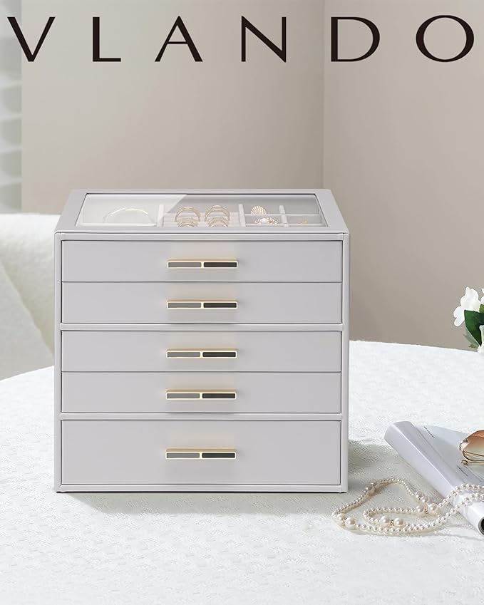 VLANDO 5 Layer Jewelry Box for Women, Glass Lid Jewelry Organizer with 5 Drawers for Necklaces Rings Earrings Bracelets - Grey