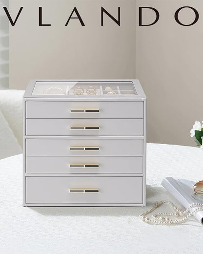 VLANDO 5 Layer Jewelry Box for Women, Glass Lid Jewelry Organizer with 5 Drawers for Necklaces Rings Earrings Bracelets - Grey